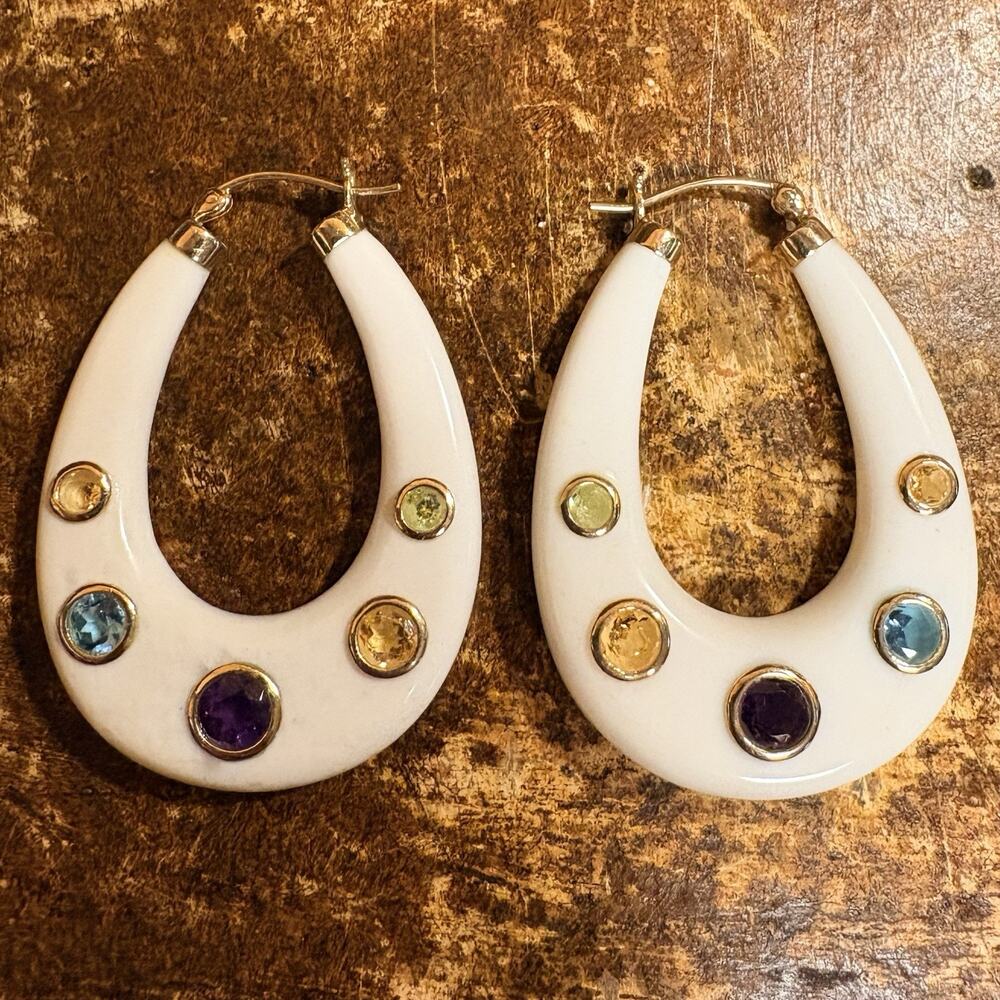 Milor Italian Hoop Earrings 585 (14K) White/Cream Jadeite & Gemstone Italy
